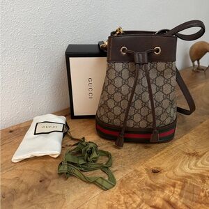 Gucci Brown and Tan Bucket Bag with Green-Red Stripe